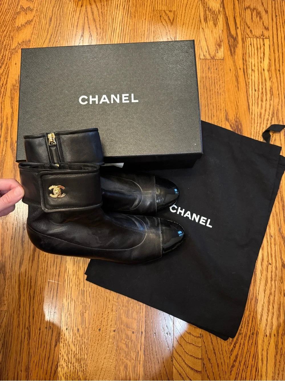 Chanel CC Turnlock Black Leather Patent Cap Toe Ankle Boots EU 40.5